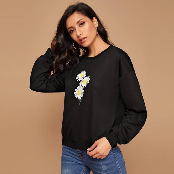 

Daisy Print Drop Shoulder Sweatshirt, Black