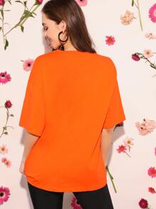 SHEIN Neon Orange Drop Shoulder Slogan Graphic Top - Orange - View 2