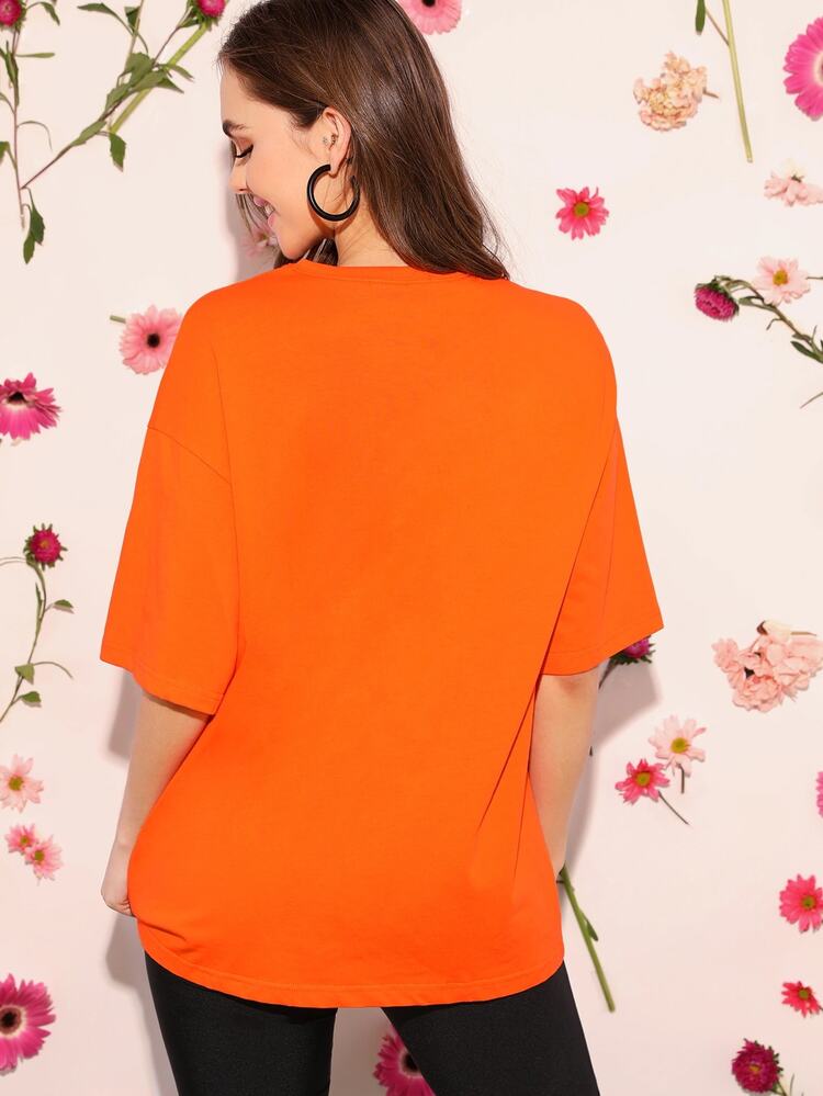 SHEIN Neon Orange Drop Shoulder Slogan Graphic Top - Orange - View 2