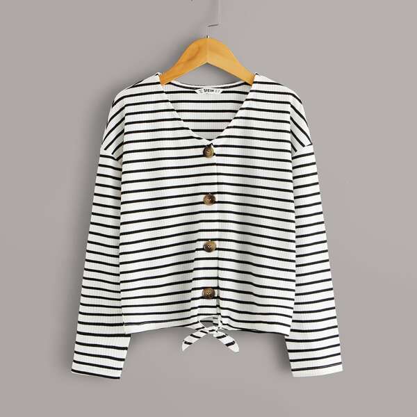 

Girls Drop Shoulder Knot Hem Striped Top, Black and white