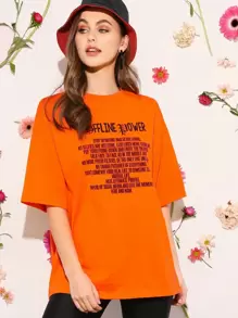 SHEIN Neon Orange Drop Shoulder Slogan Graphic Top - Orange - View 1