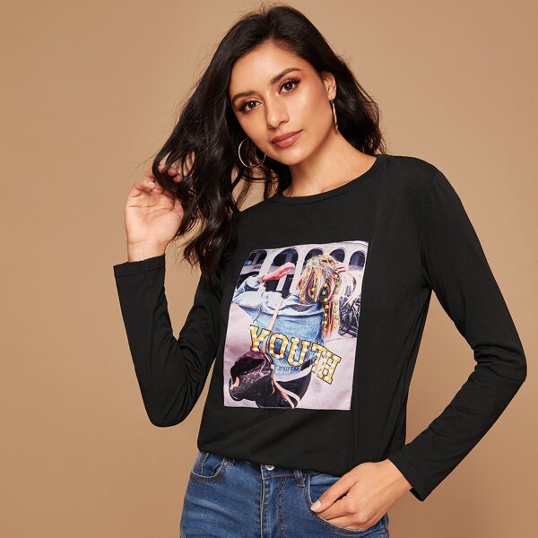 

Figure & Letter Graphic Round Neck Tee, Black