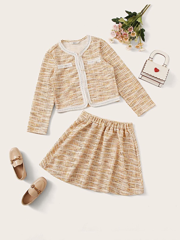 

Girls Contrast Trim Plaid Jacket & Skirt Set, Beige