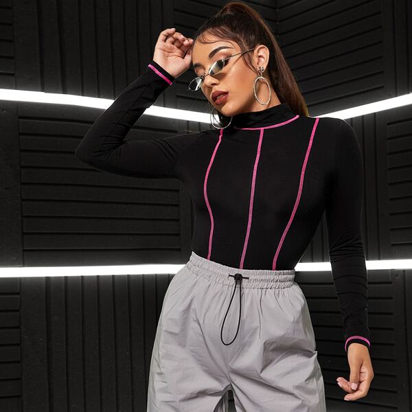 

Mock-neck Contrast Neon Stitch Detail Fitted Tee, Black