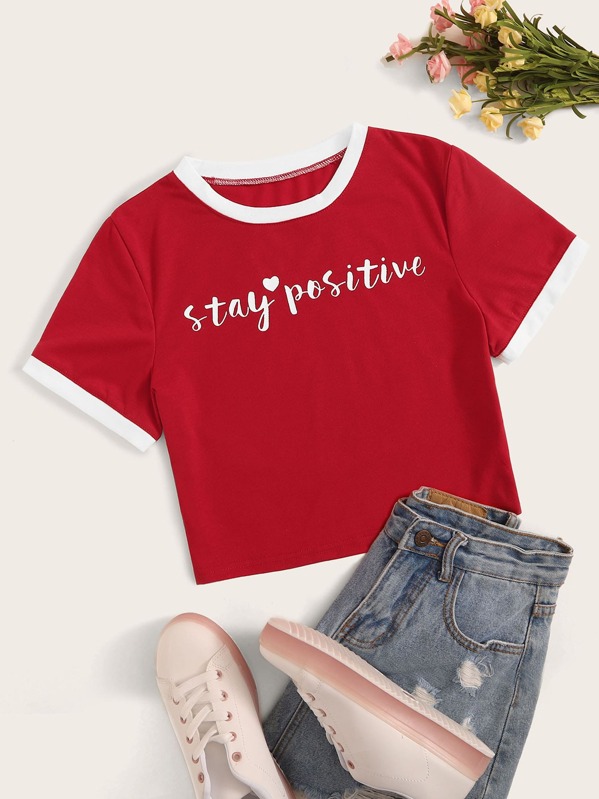 

Slogan Graphic Round Neck Ringer Tee, Red