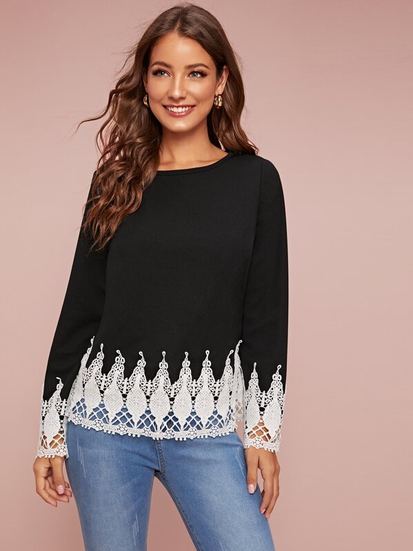 

Contrast Lace Long Sleeve Tee, Black, Debi Cruz