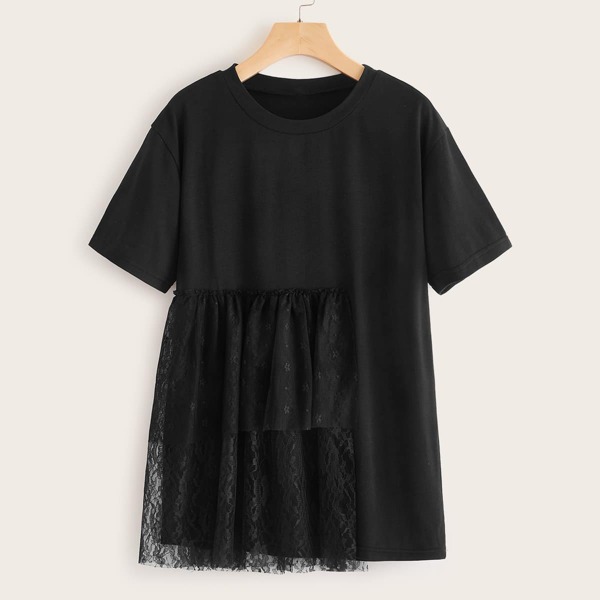 

Contrast Lace Round Neck Tee, Black