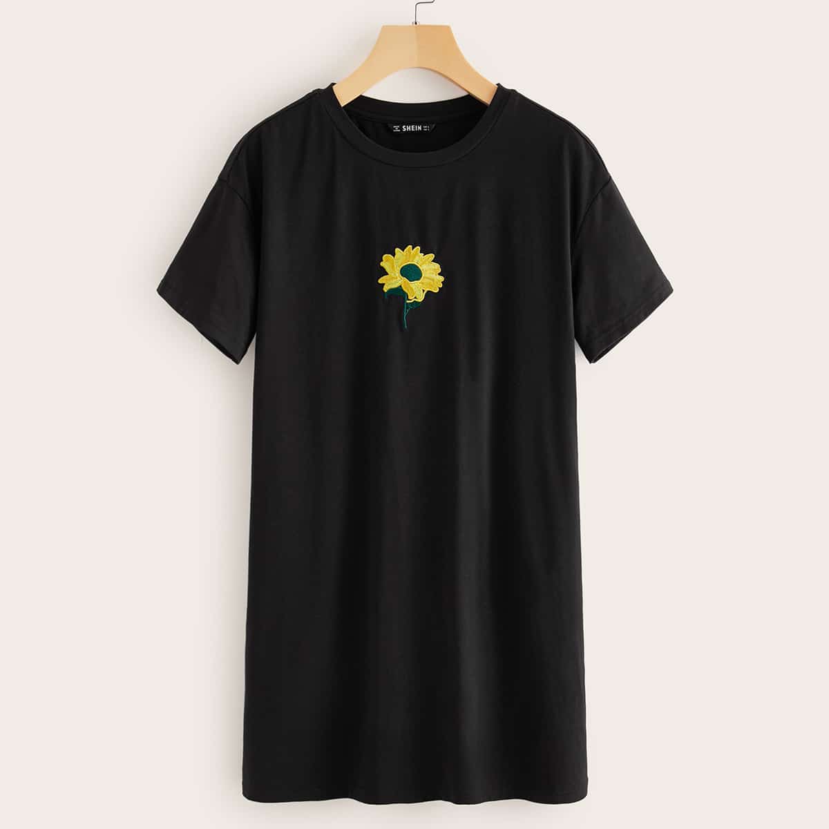 

Embroidered Sunflower Detail Tee Dress, Black