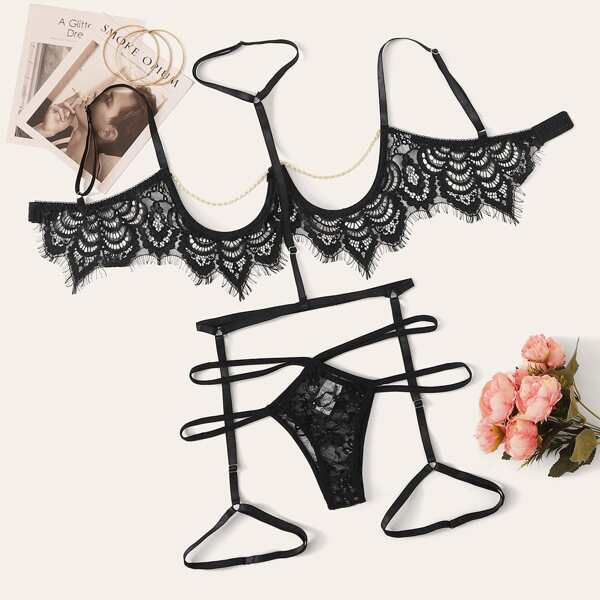 

Floral Lace Sheer Underwire Garter Lingerie Set, Black