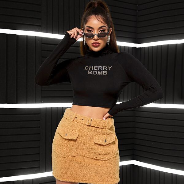 

High Neck Rhinestone Slogan Crop Top, Black