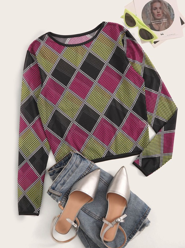 

Geo Print Round Neck Sheer Top, Multicolor