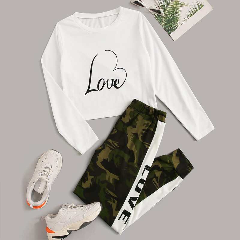 

Letter Graphic Tee With Camo Print Sweatpants, Multicolor