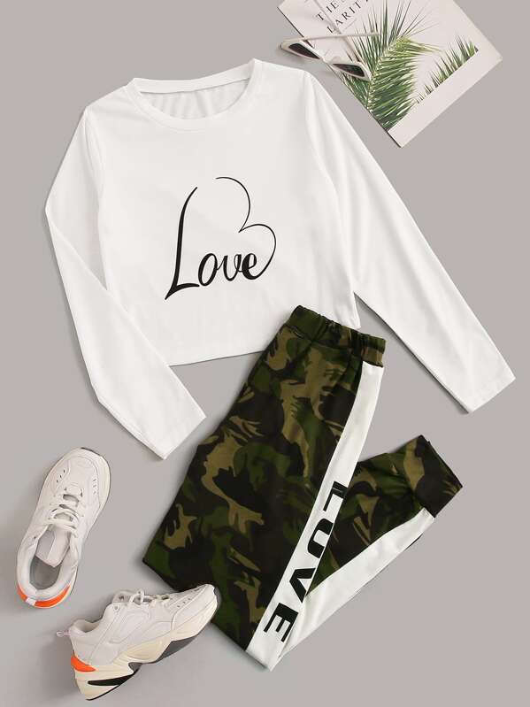 

Letter Graphic Tee With Camo Print Sweatpants, Multicolor