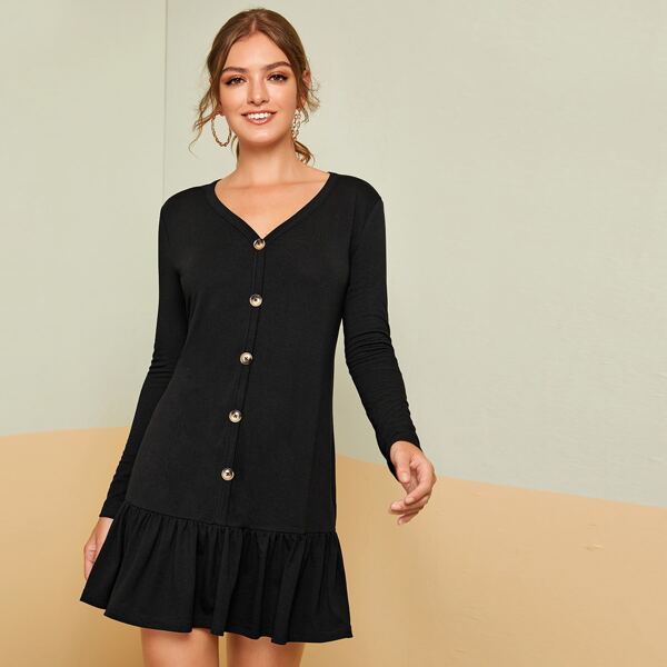 

V-neck Button Front Ruffle Hem Dress, Black