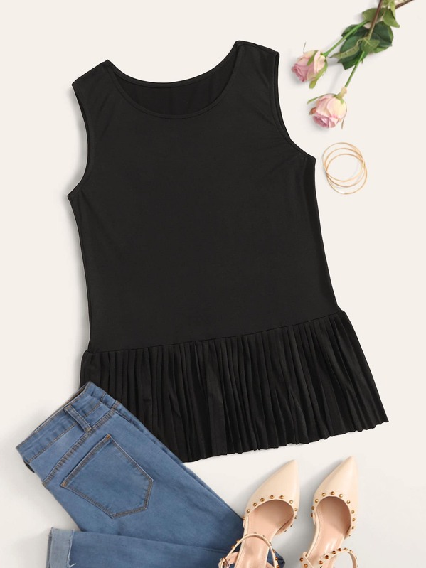 

Solid Pleated Hem Tank Top, Black