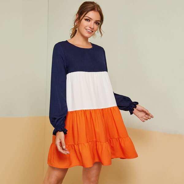 

Ruffle Cuff & Hem Color Block Tiered Dress, Multicolor