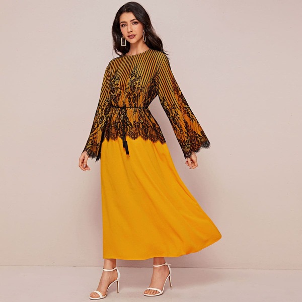 

Lace Overlay Dress With Belt, Multicolor