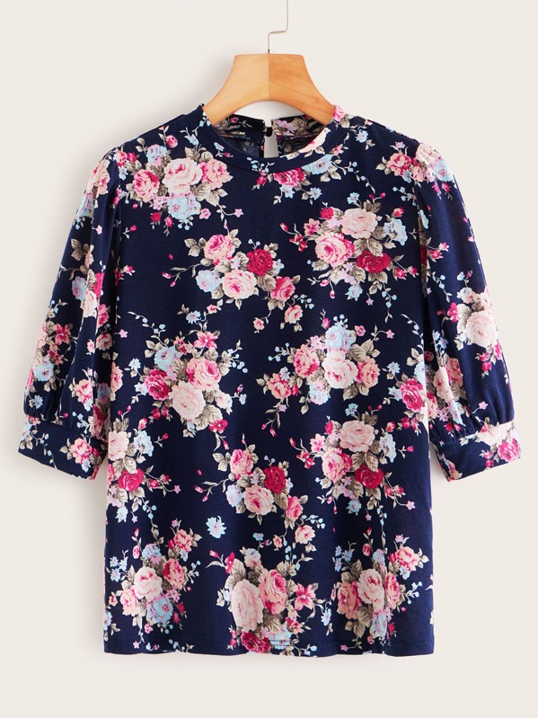 

Keyhole Back Puff Sleeve Floral Print Top, Multicolor, Rasa
