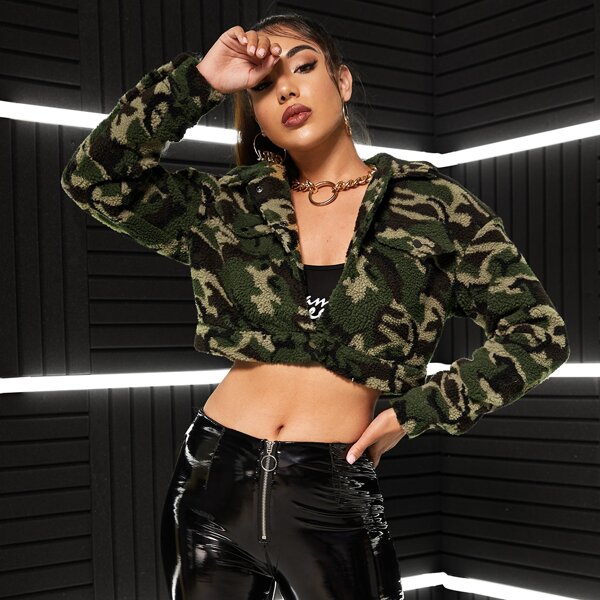 

Single Breasted Camo Print Teddy Jacket, Multicolor