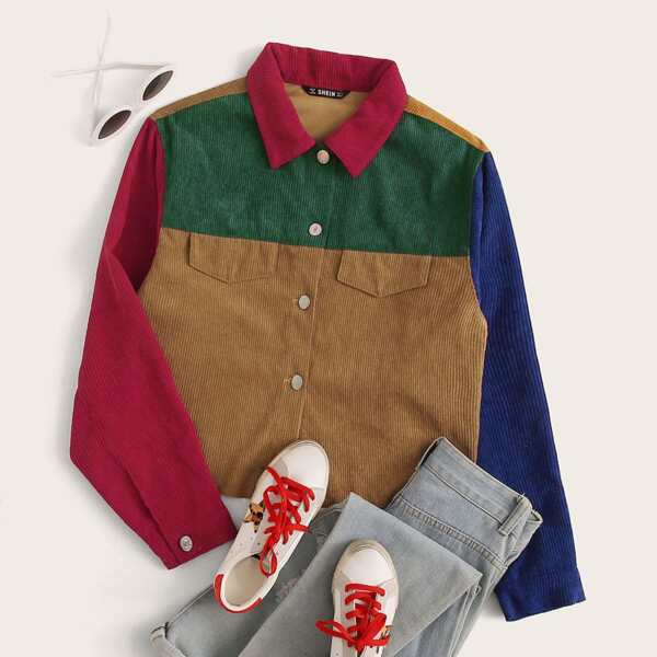

Flap Detail Colorblock Corduroy Jacket, Multicolor bright