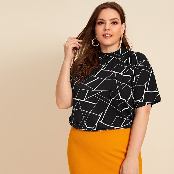 

Plus Mock Neck Raglan Sleeve Geo Print Tee