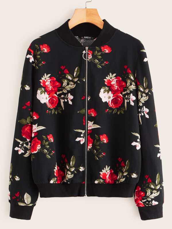 

Floral Print O-ring Zip Up Bomber Jacket, Black, Denise