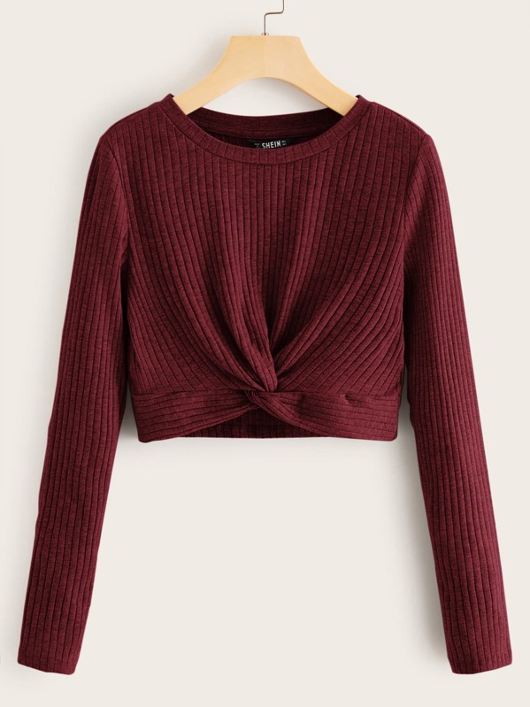 

Twist Hem Rib-knit Tee, Burgundy