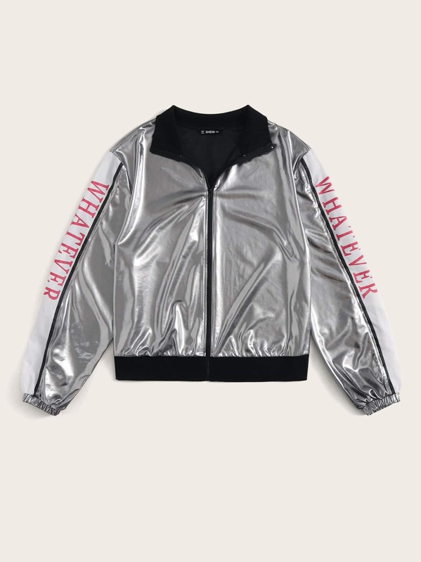 

Plus Zip Up Letter Graphic PU Patent Jacket, Grey