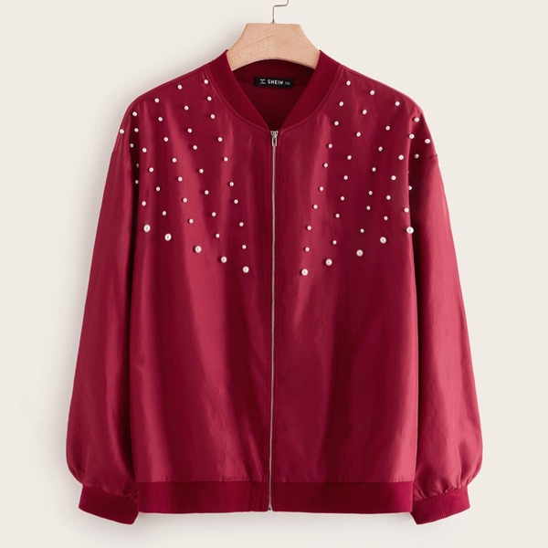 

Plus Lantern Sleeve Pearls Beaded Bomber Jacket, Burgundy