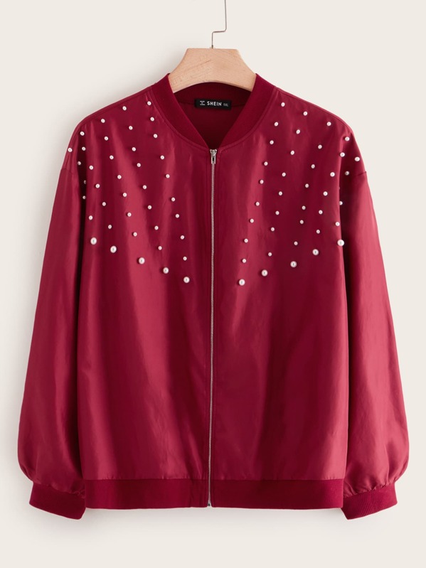 

Plus Lantern Sleeve Pearls Beaded Bomber Jacket, Burgundy