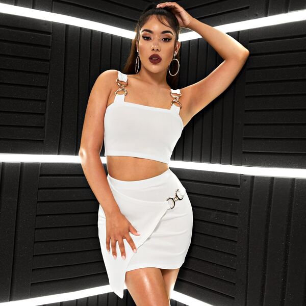 

Thick Strap Crop Top & Ring Detail Wrap Skirt Set, White