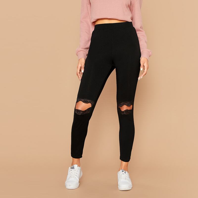 

Solid Cut Out Lace Insert Leggings, Black