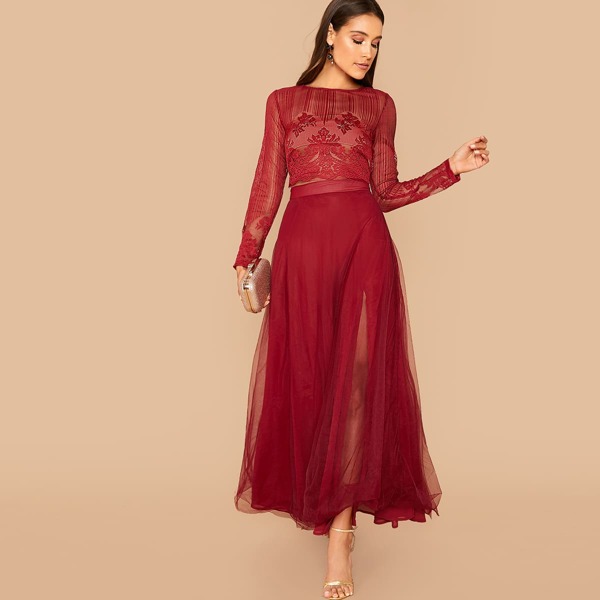 

Lace Crop Top and Tulle Skirt Set Without Bandeau, Burgundy