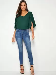 SHEIN Unity Split Sleeve Solid Top - Dark Green - View 3