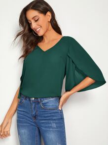 SHEIN Unity Split Sleeve Solid Top - Dark Green - View 4