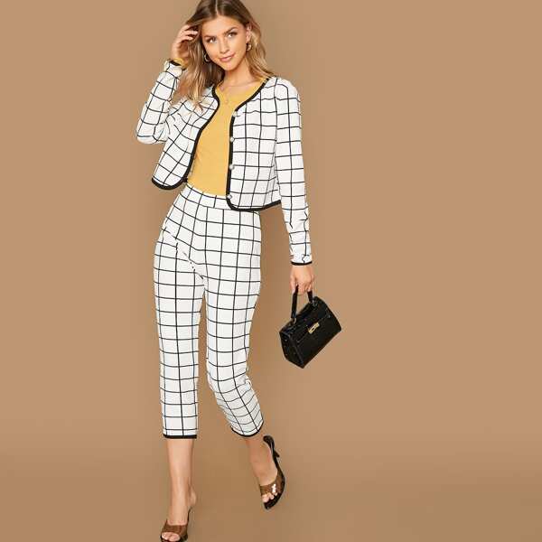 

Contrast Binding Plaid Jacket & Capris Pants Set, White