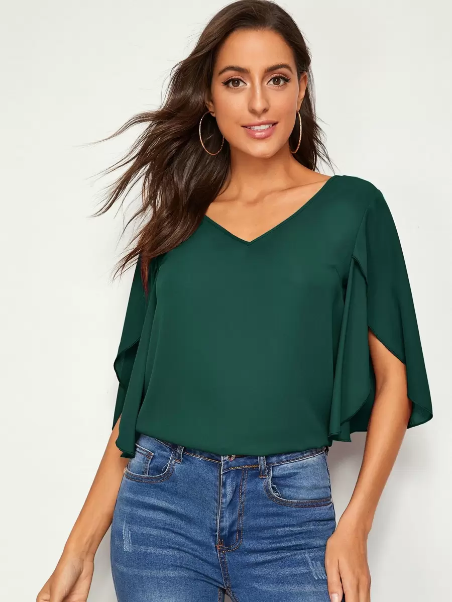 SHEIN Unity Split Sleeve Solid Top - Dark Green - View 1