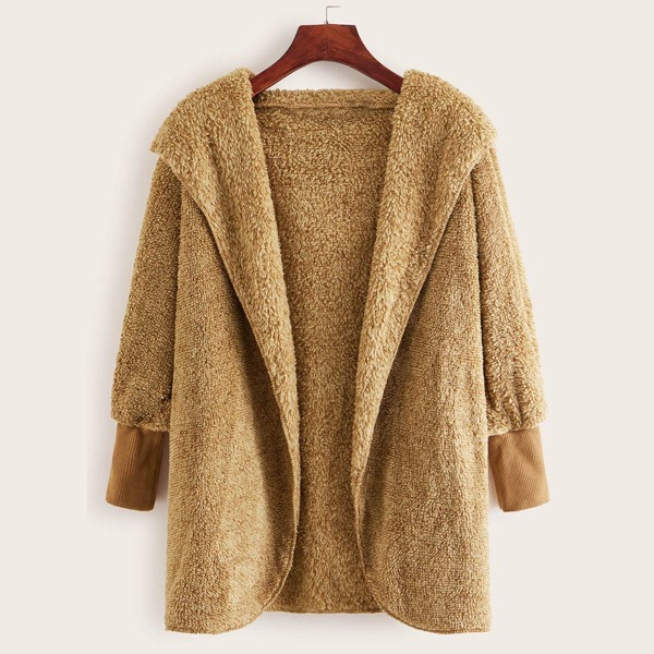 

Open Front Bishop Sleeve Hoodie Teddy Coat, Khaki