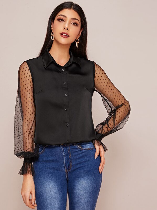 

Dot Mesh Sheer Sleeve Satin Blouse, Black, Taina