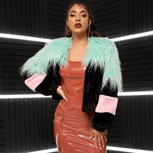 

Faux Fur Colorblock Coat, Multicolor