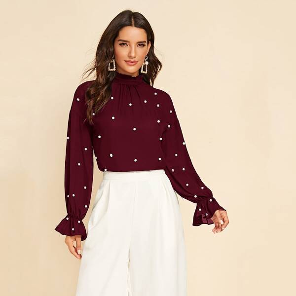 

Gathered Neck Ruffle Trim Pearls Beaded Blouse, Burgundy