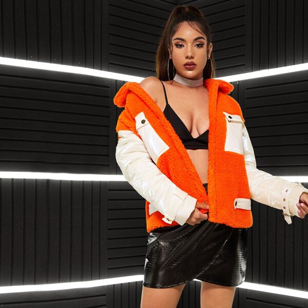 

Flap Pocket Front Colorblock Teddy Coat, Orange bright