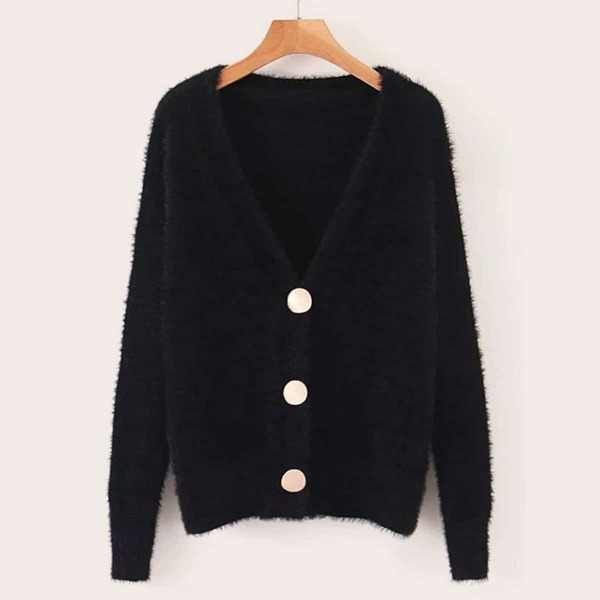 

Button Through Fluffy Knit Cardigan, Black