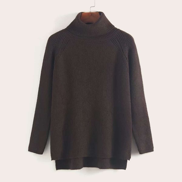 

High Neck Raglan Sleeve High Low Jumper, Brown