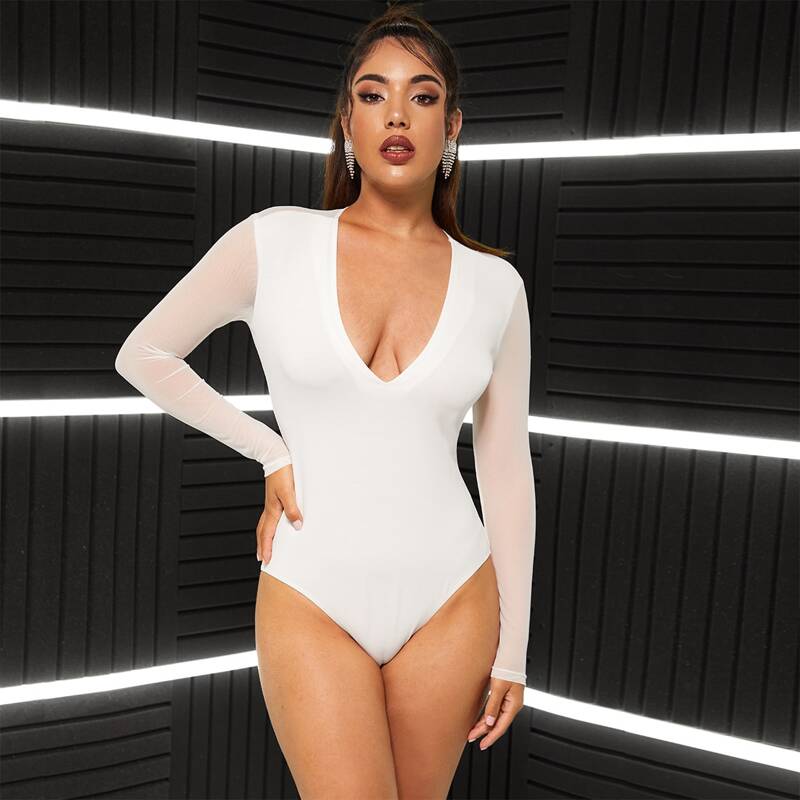 

Plunging Neck Mesh Overlay Solid Bodysuit, White