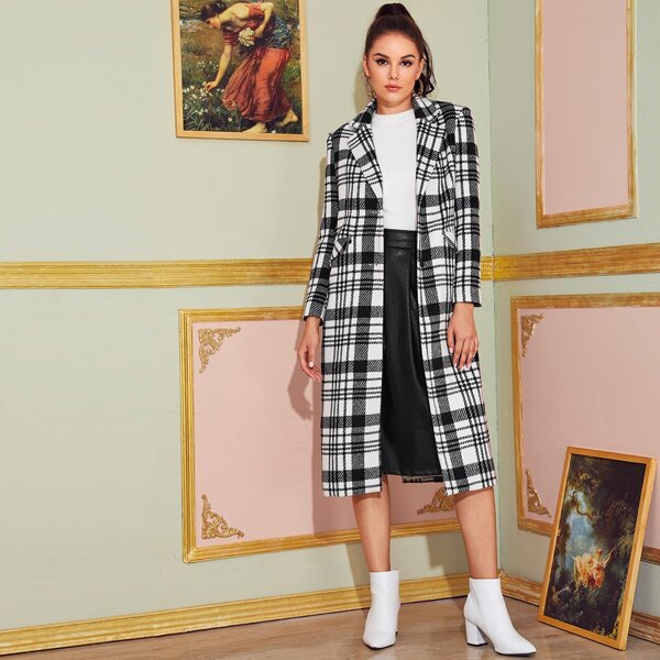 

Notch Collar Flap Detail Plaid Coat, Black and white