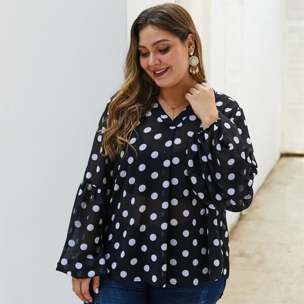 

Plus Polka Dot Lantern Sleeve Chiffon Blouse, Black and white
