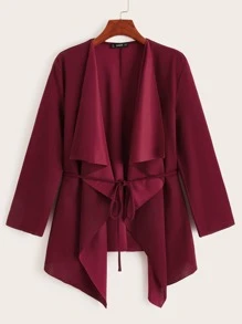 SHEIN 垂墜衣領不對稱下擺腰帶外套 - 酒紅色 - 查看 1