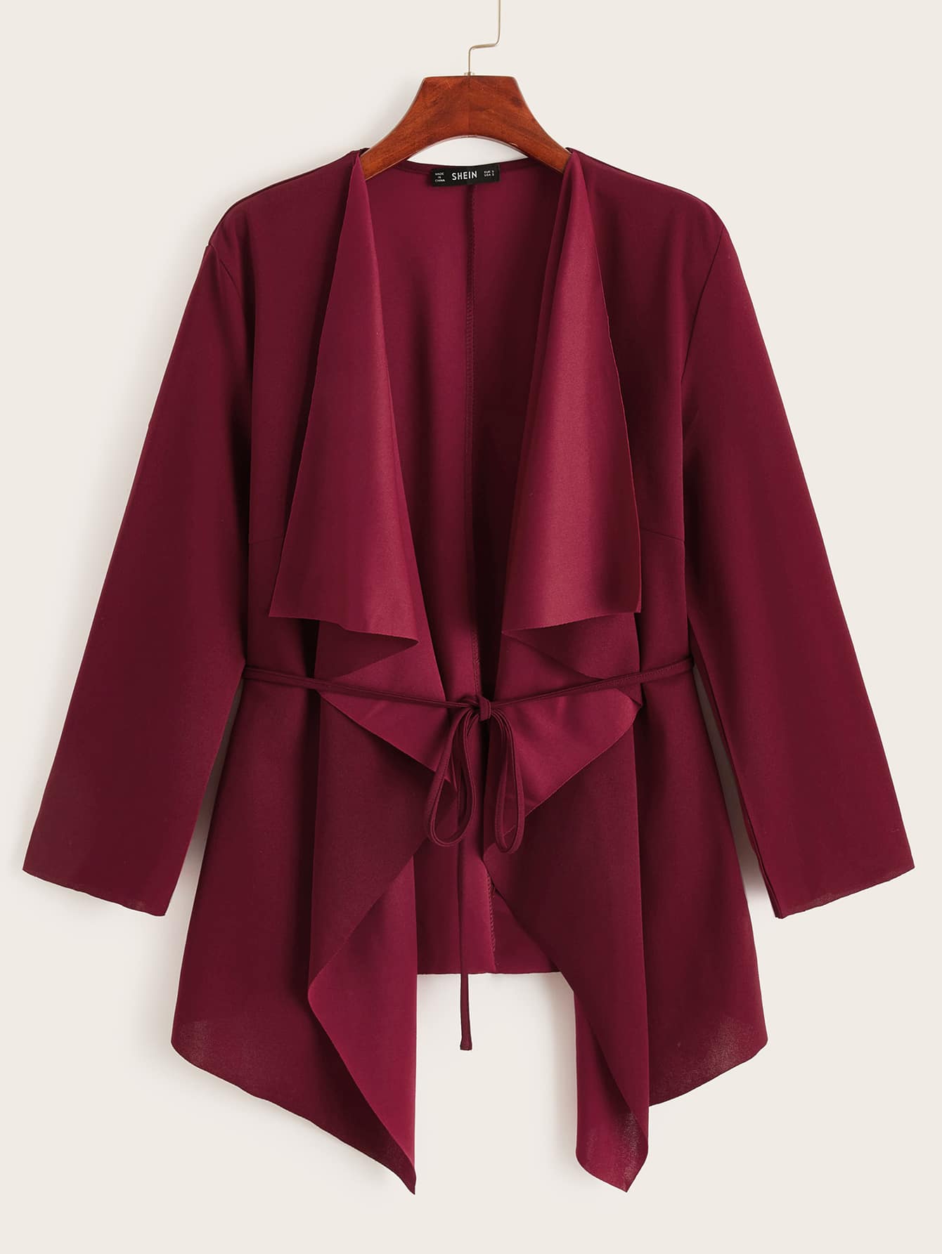 SHEIN 垂墜衣領不對稱下擺腰帶外套 - 酒紅色 - 查看 1