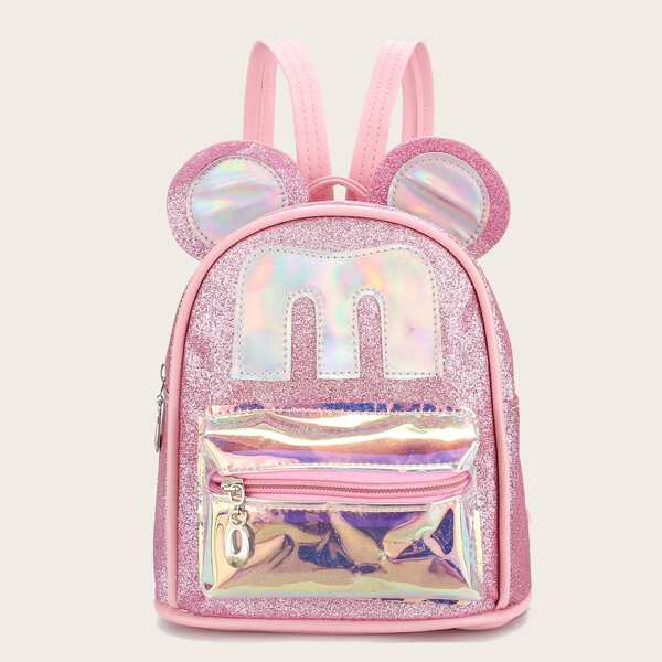 Girls Holographic Panel Glitter Backpack, Pink